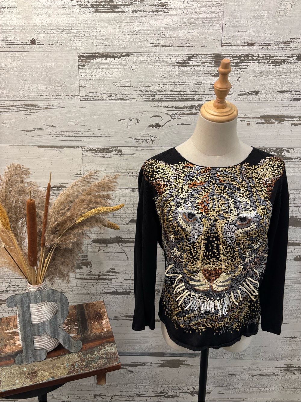 Michael Simon Black Long-Sleeve Top with Sequin Tiger Face